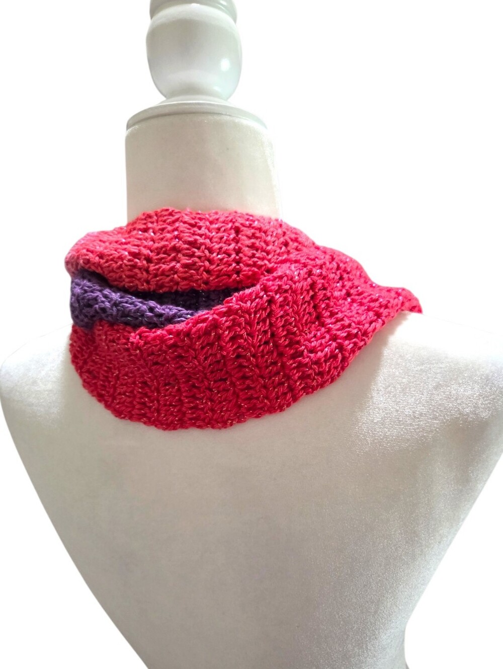 Handmade Double Crochet Colorful Infinity Scarf Pink Purple Ombre Sparkle Cotton - Picture 5 of 12